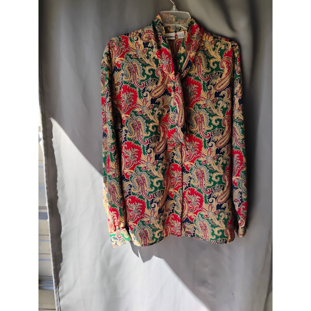 Alfred Dunner Vintage Paisley Tie Neck Blouse Red Green Gold Size 14 Long Sleeve